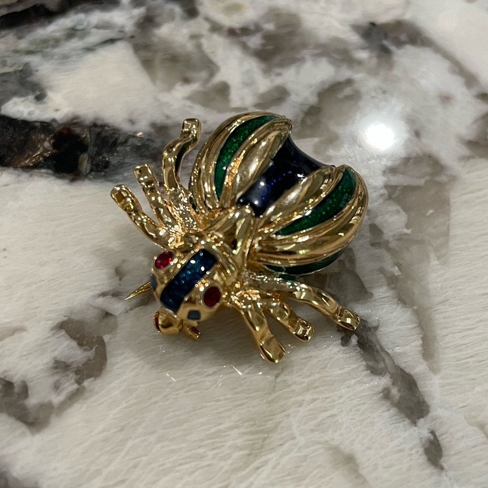 Vintage Roman Gold, Blue and Green Red Eyed Beetle Brooch